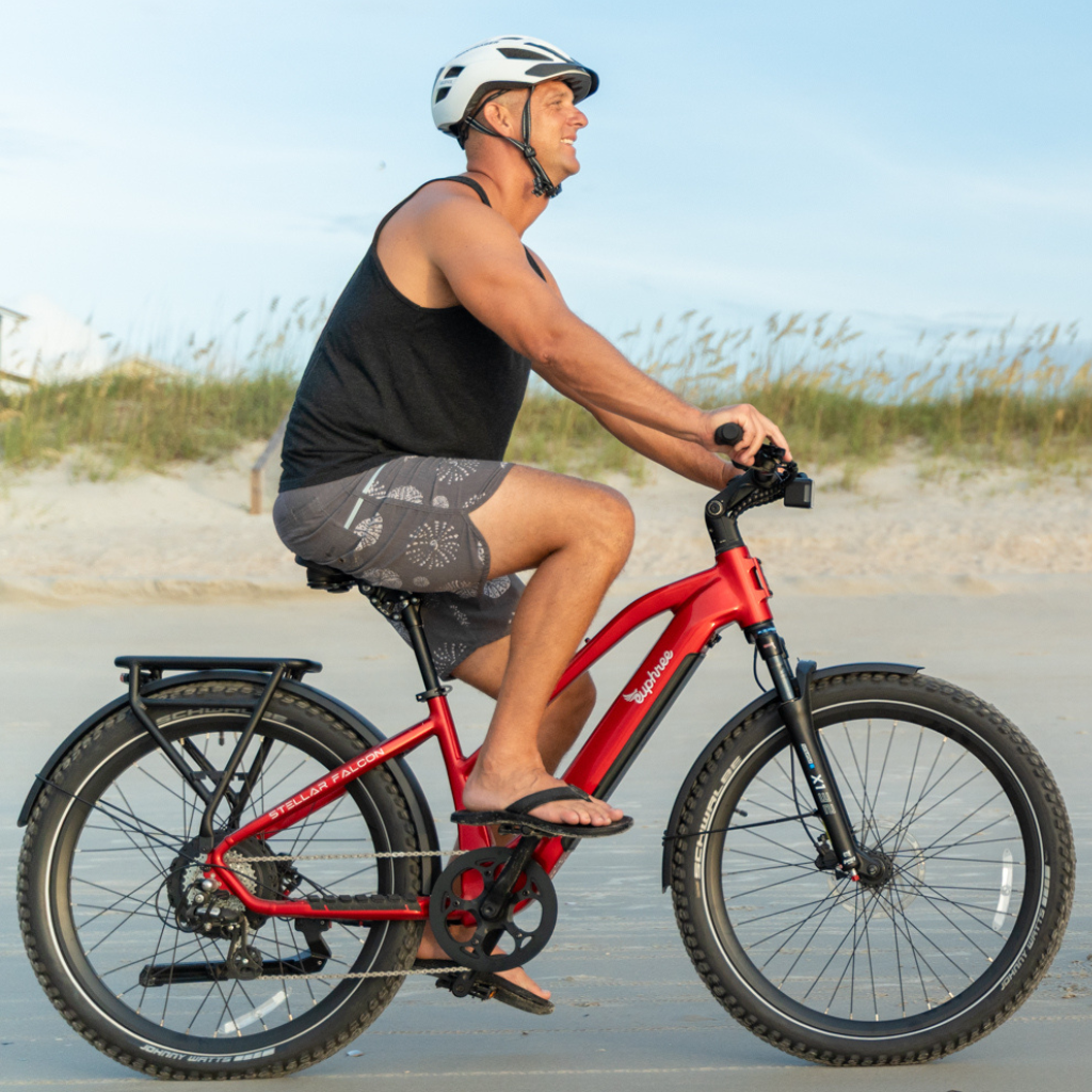Man on his crimson Red Mid Step Steller Falcon Ebike 
